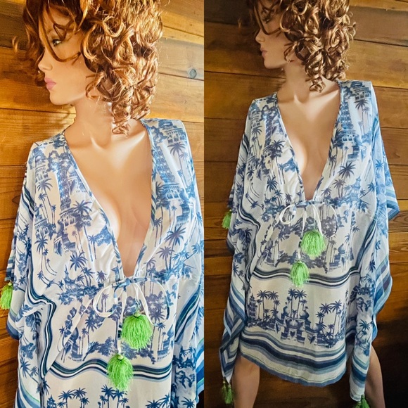 NWT Violet Sky Moroccan Travel Postcard Print Swimsuit Cover-Up Caftan M AS-IS - Picture 4 of 16